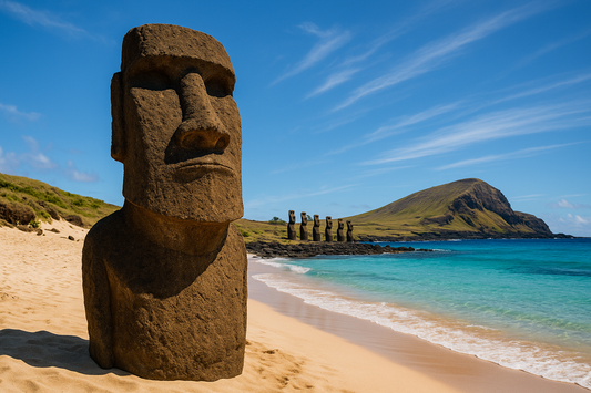 FOTO DE VIAJES DE LA ISLA DE RAPA NUI DE CHILE, IMAGEN HIPERREALISTA DE LA PLAYA CON UN MOAI EN PRIMER PLANO Y UN GRUPO DE MOAIS MAS ATRAS. SE DEBE VER LA PLAYA EN UN DIA HERMOSAMENTE SOLEADO.
